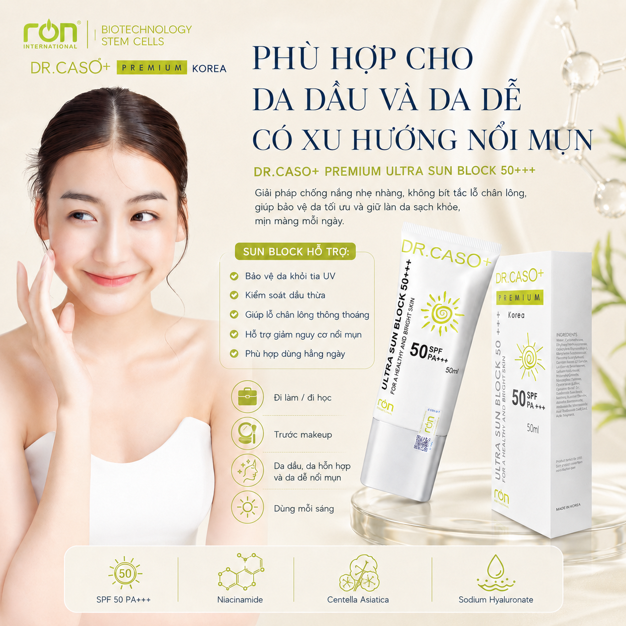 Dr.Caso+ Premium Ultra sun block SPF 50+ PA+++50ml/Kem chống nắng SPF 50+ Pa+++